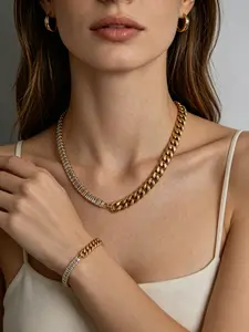 Two-Piece Fashion Interlocking Chain Necklace Set, Zircon Stainless Steel Cuban Link, Elegant Jewelry for Women, Perfect Gift
