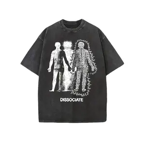Men's Washed Pure Cotton T-Shirt with "DISSOCIATE" Dissociative Portrait Design - Loose Fit Vintage Distressed Style, Dark Edgy Casual Wear for all-Season Round Neck Tee,  Holiday Gift for men