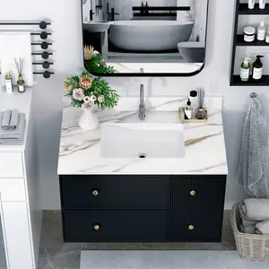 37 Inch Marble Vanity Top, Bathroom Vanity Top with Undermount Rectangular Middle Sink and 4" Height Backsplash, Pre-Drilled  Faucet Hole  Vanity Top, Carrara white with veins    RR