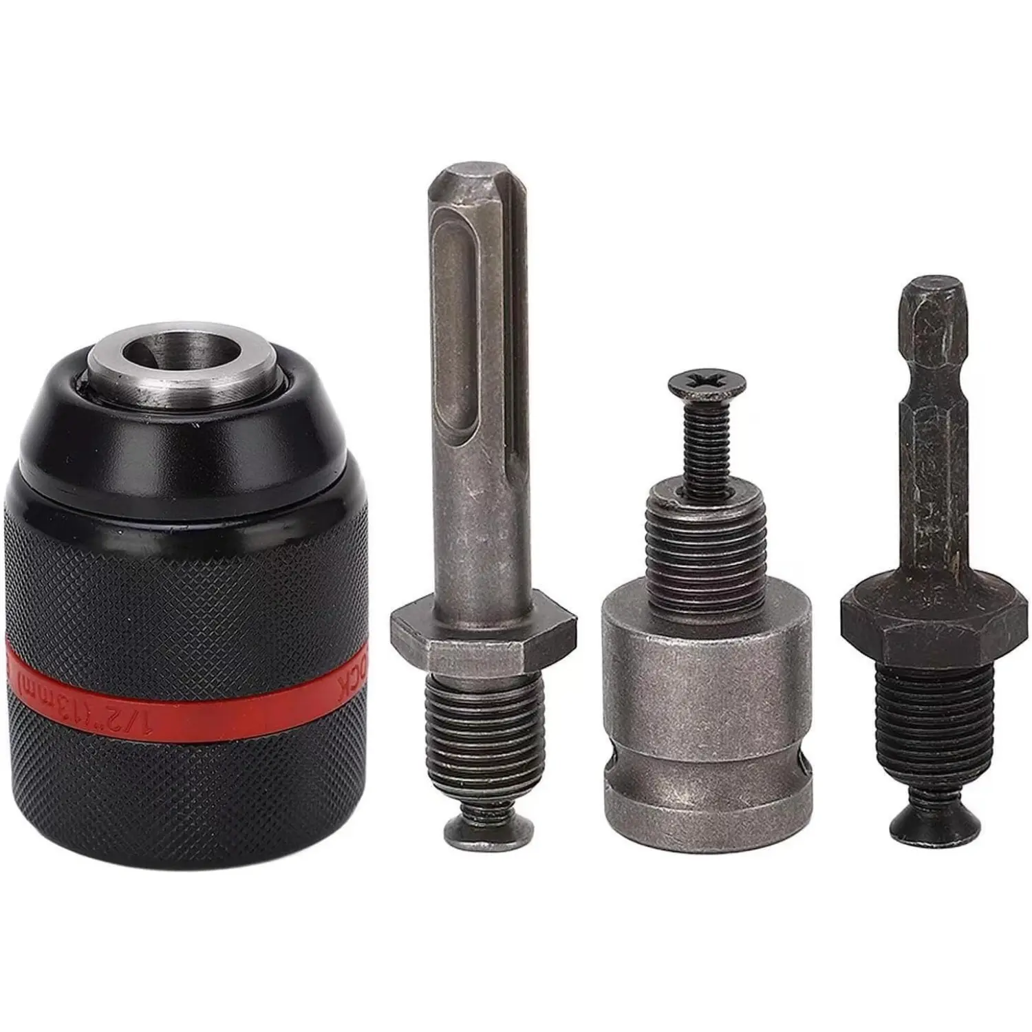 1-13mm Self-Tightening Keyless Drill Chuck Adapter Kit, 1/2"-20UNF with SDS-Plus Shank, 1/4" Hex Shank, 1/2" Socket Square Converter - 100% Brand New & High Quality Rotary Accessory for Rotary Hammer, Impact Wrench - Easy to Use & Install Tools & Hardware