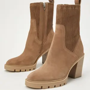 Women's Truffle Taupe Suede Leather Upper Mid-Calf High Heel Boots