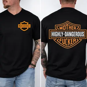 Mother Highly Dangerous Shirt Gildan Unisex T Shirt Custom Name Personalized Front Back Graphic Tee Vintage Retro Biker Motorcycle Shield Top Badass Rebel Outlaw Father Husband Grandpa Day Gifts