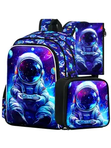 3Pcs Astronaut Gaming Backpack Set, Galaxy Space Print, Lightweight Durable, for Boys Elementary School & Daily Use
