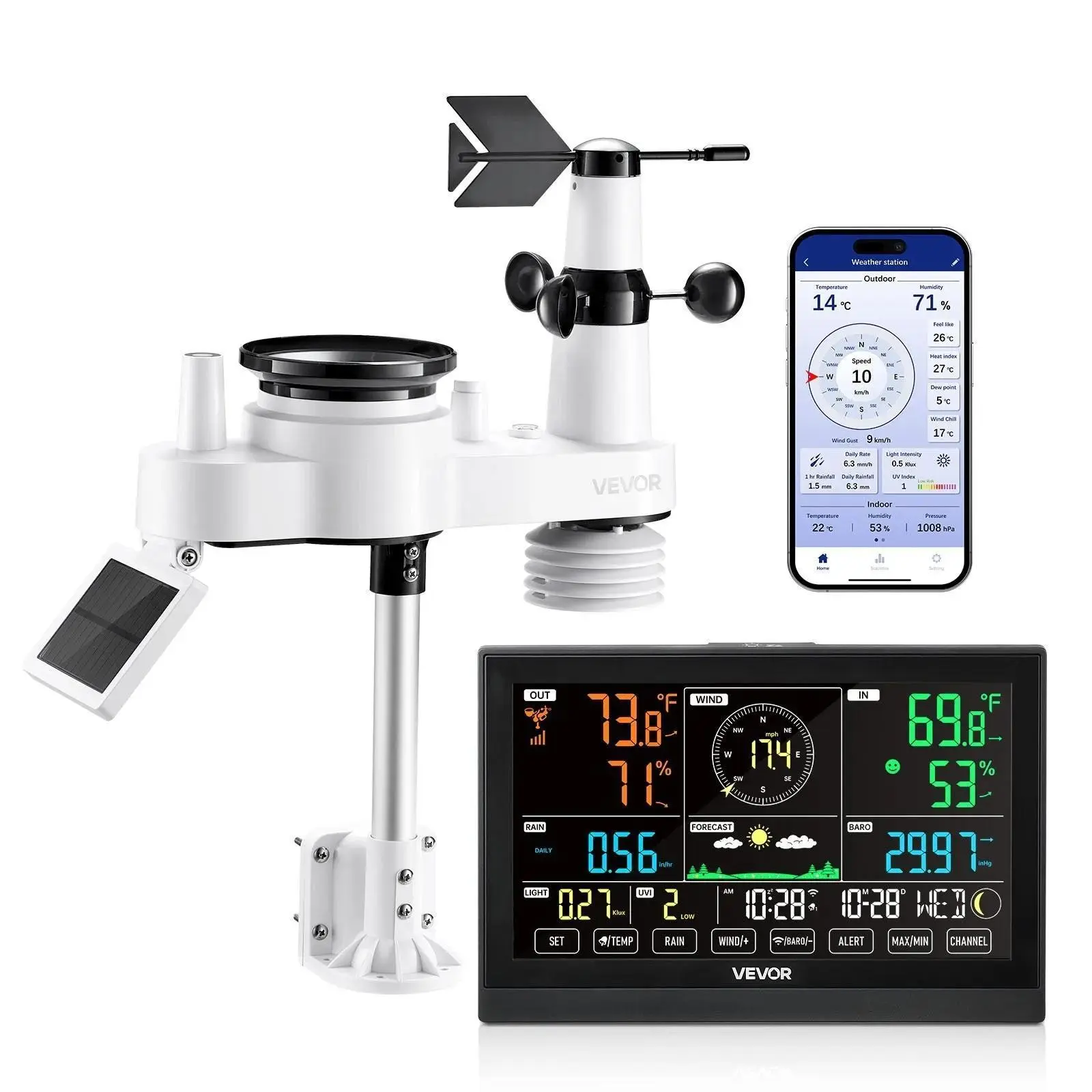 【SummerFinds】VEVOR Cordless 7-in-1 Wi-Fi Weather Station with APP, 7.5-in VA Display, Wireless Solar-Powered Outdoor Sensor, Water-Resistant Rain Gauge, Charging Box, for Bedroom Weather Forecast, Wind Speed, Temp, Humidity (Father's Day Gift Option), Wif