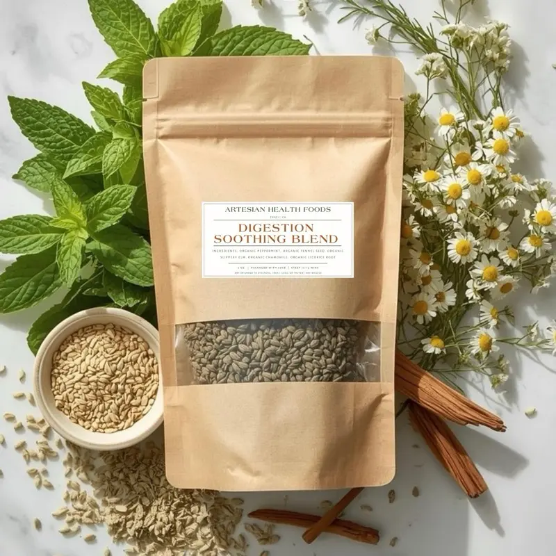 Artesian Health Foods Digestion Soothing Tea Blend - Organic Peppermint Fennel Slippery Elm Chamomile Licorice - 4oz or 8oz - Natural & Organic - Gut Health