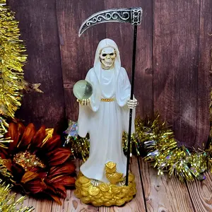 Santa Muerte White Statue 8" praying figure on  moneystand for Love and Positive Energy with Gold Accents and Religious Symbolism - Decor