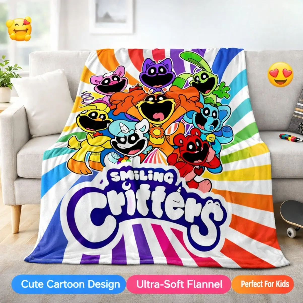 Game Cute Smiling Critters Cartoon Blanket Flannel Throw Blanket For Home Bedroom Sofa Travel Nap Camping Gift For Kids Toddlers Boys Girls Teens Fans Cozy Soft Warm Viral Trending Blanket