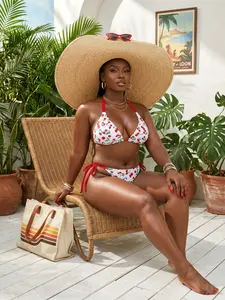 Vintage Cherry Print Bikini Set, Adjustable Halter Straps, Color Block Trim, Classic Triangle Cup, Fashionable Beachwear for Women