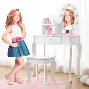 Kids Vanity - Vanity Desk with Mirror Lights - Girls Vanity with Drawers and 3 Light Modes - Wooden Princess Makeup Desk Dressing Table - White