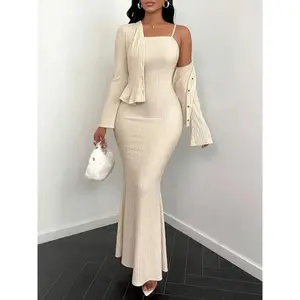 Elegant textured long-sleeve cardigan dress set with button fly, plain pattern, casual for fall and winter, women’s fashion clothing