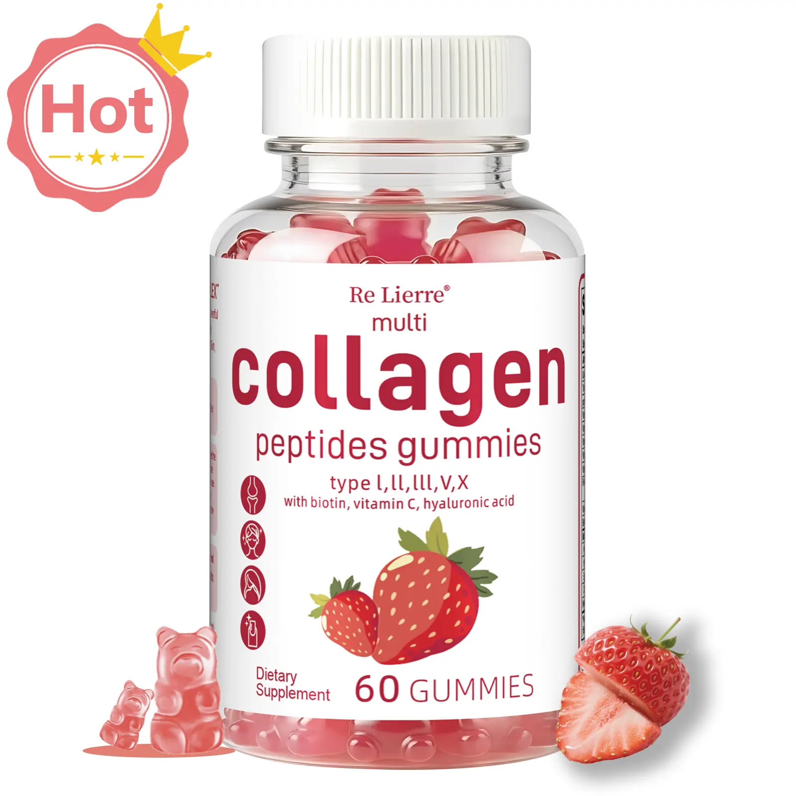 Re Lierre Collagen Peptides Gummies - Natural Dietary Healthcare Supplement with Hydrolyzed MultiCollagen Protein (Types 1,2,3,5,10), Biotin, Vitamin C for Hair, Skin Care, Nails, Strawberry Flavor, 60 Count for Women, Men