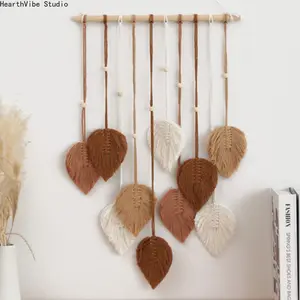 Bohemian Hand Woven Leaf Tapestry Macrame Dream Catcher Wall Hanging with Wind Chimes Rattan Accents Ornament for Home Bedroom B&B Decor