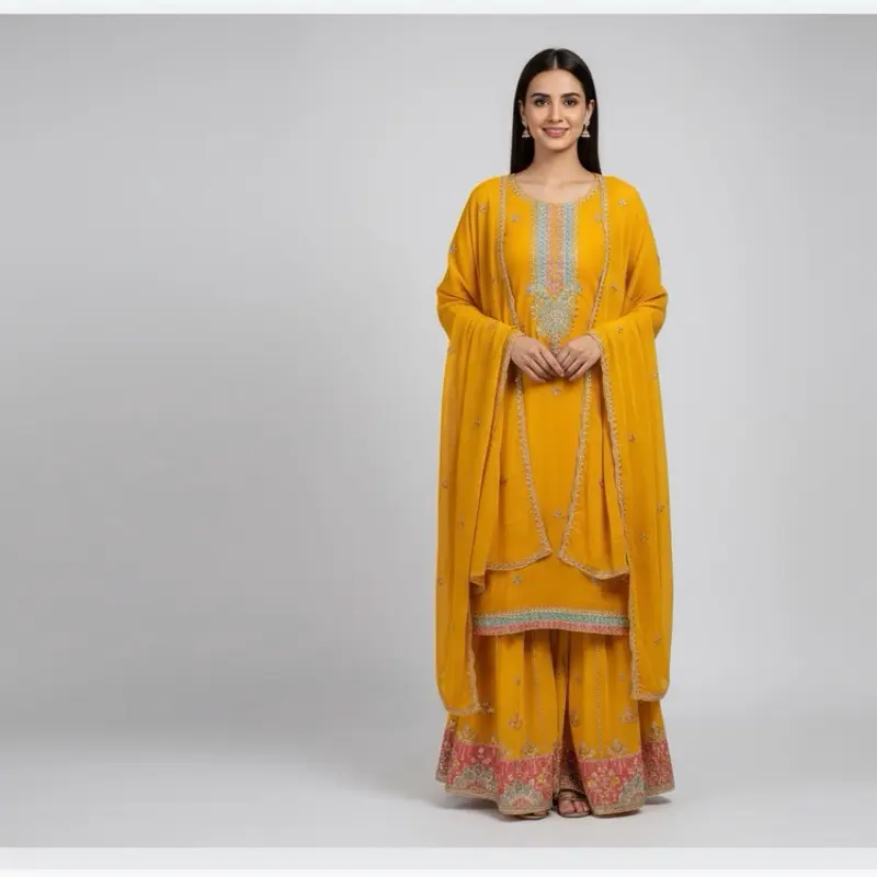 Embroidery Work in Kurta Pant and Dupatta Heavy Work Plazo Perfect for Any Occasions Women's Fashion Dress Womenswear Elegant Asian Suit