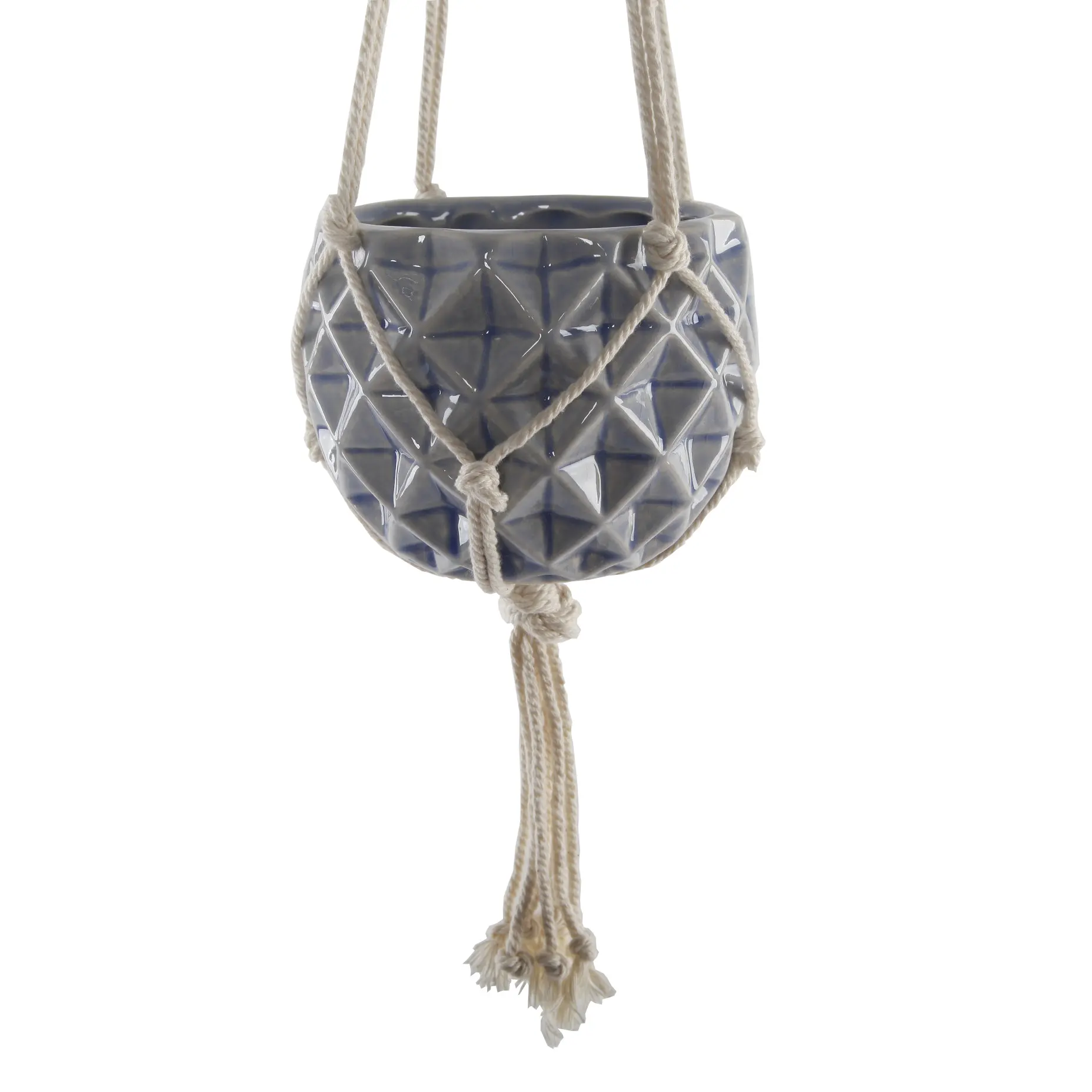 6'' x 6" Ceramic Macrame Hanging Planter Glass Blue Hand-Crafted Woven Pot for Trailing Succulents Unique Pots Room Decor with Geometric Patterns and Glossy Blue Paint Decorative