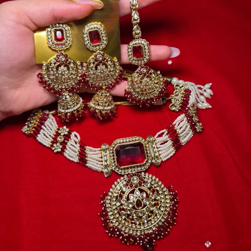 Maroon Pearl White Choker Set with Tikka - Elegant Jewelry for Special Occasions