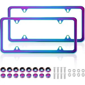 Iridescent License Plate Frame, 2 Pack Stainless Steel Mirror Polish , Universal   License Plate Bracket Holder, 4 Holes  Design, Rustproof Weatherproof(with mounting Fittings).