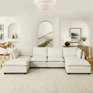 [Mother's Day Gift]Aobtkel.Comfy Cloud Couch Sectional  4 Seat Sofa with 2 Ottoman, Chenille Sofa Sleeper Deep Seat Sofa with Throw Pillows for Living Room(Beige White)#Summervibes