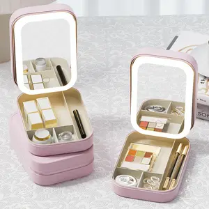 LED jewelry box with smart makeup mirror, compact and convenient makeup mirror storage box with lights, portable travel cosmetic bag, double-layer multifunctional mirror, USB rechargeable