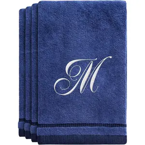 Personalized Initial Fingertip Towels 4 Pack 11x18 White Embroidery on Navy Blue Modern Monogrammed Towels Great Personalized Gift for Women Teachers Friends Bridesmaids Initial M