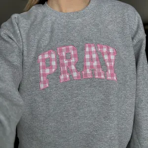 Pray Sweatshirt - Gray with Pink Gingham Lettering - Comfortable and Stylish