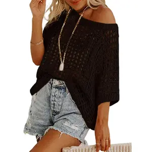 Womens Summer Scoop Neck Short Sleeve Sweater Casual Crochet Hollow Out Knit Tops Pullover Shirts Beach Coverup