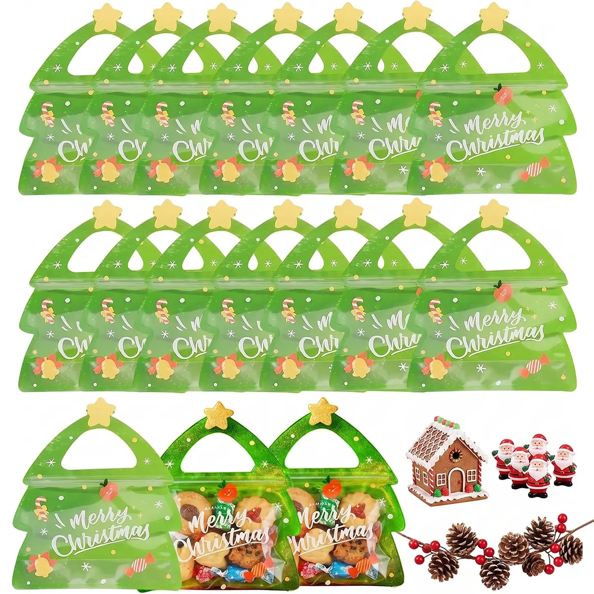 50/40/30/20/10Pcs Christmas Party Gift Bags, Party Favors Assortment, Transparent Handle Seal Pouches, Festive Designs, Durable Plastic Candy Bags, Cookie Bag