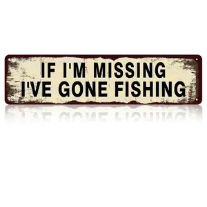 If I'm Missing I've Gone Fishing Sign Aluminum If Im Missing Ive Gone Fishing Decorative Sign Funny Fishing Themed Metal Wall Art For Cabin Lake House Rustic Decor 4×16 Inch
