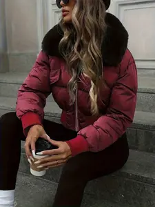 Women's Thick Cotton Jacket, Inner Collar & Waist Pockets Design, Winter Warm Casual Coat, Short Long Sleeve Elegant Outerwear, Womenswear
