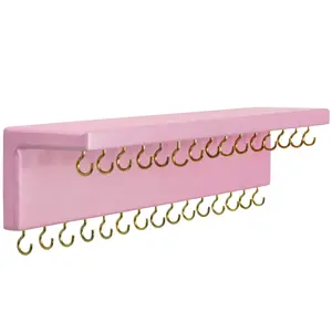 HOME Pink Necklace Holder Jewelry Organizer with 30 Hooks, 15 x 3 x 4 inches Wall Mount Rustic Pine Wood Shelf for Necklace, Hair Decor Shelves