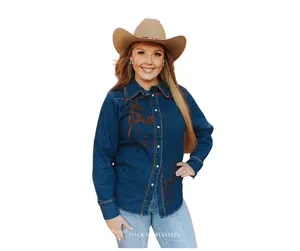 Mid Wash Denim Camel Piping Embroidered Button Down Shirt