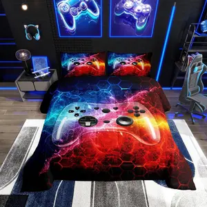 Gamer Gaming Bedding Set,Red Blue Lightnings Gamepad Gaming Comforter Set for Boys,Video Game Console Colorful Modern Home Bed Set