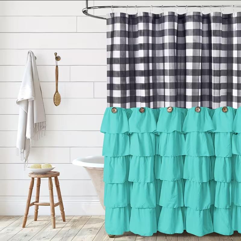 Farmhouse Ruffle Shower Curtain with Handmade Vintage Buttons, Country Buffalo Plaid Fabric Black and White Shower Curtains for Master Bathroom, Bathroom Decor Shower Curtain with 12 Holes,72" x 72"