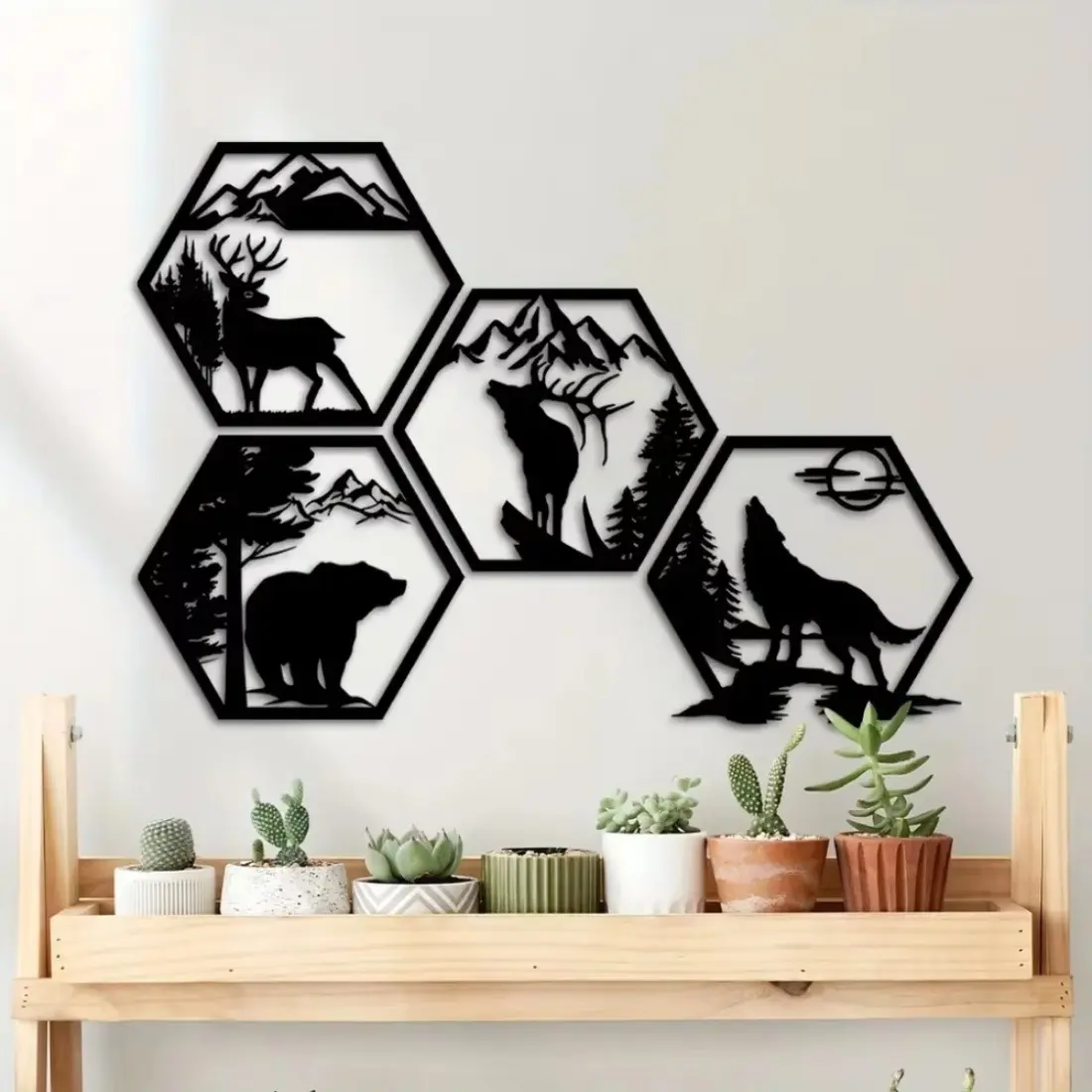 4pcs Hexagonal Metal Wall Sculptures - Elk, Deer, Wolf, Bear in Rustic Black for Room, Forest & Wilderness Decor Artistic Animal Art Decoration