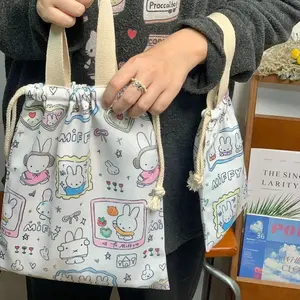 Kawaii Miffy Makeup Bag Miffy Drawstring Handbag with Zipper Pocket Cute Travel Canvas Bag Headphones Portable Storage Bag
