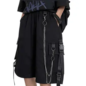 Black Cargo Pants for Women Street Harajuku Loose Straight Shorts Black Pants with Chains