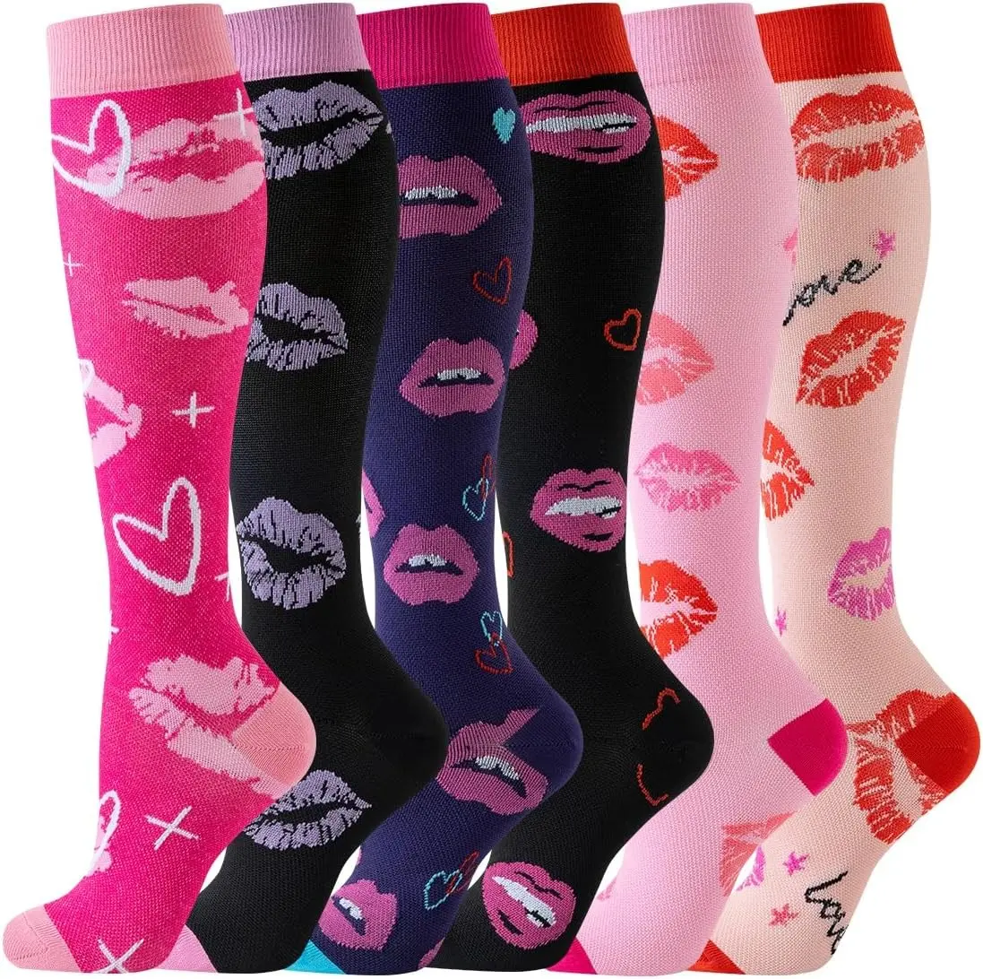 6 Pairs Graduated Compression Socks for Women and Men Knee High Hiking Running Sport Nylon Compression Stockings