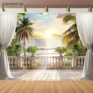 2D flat banner, 1 piece, tropical sunset photography background fabric, featuring a natural mural of palm tree beach landscape, ocean scenery, fiber summer vacation room decoration set, kdj