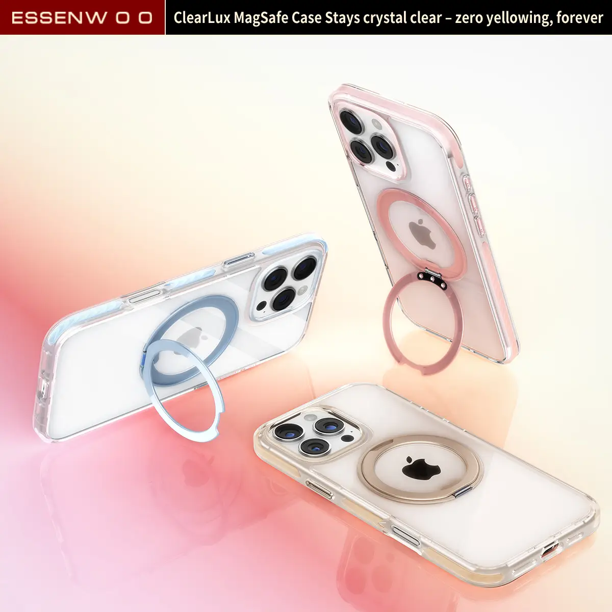 ESSENWOO Magnetic 360° Rotational Stand Shockproof iPhone Clear Protective Case, Wireless, MagSafe Charging Compatible with iPhone 16/15/14/13 Pro Max