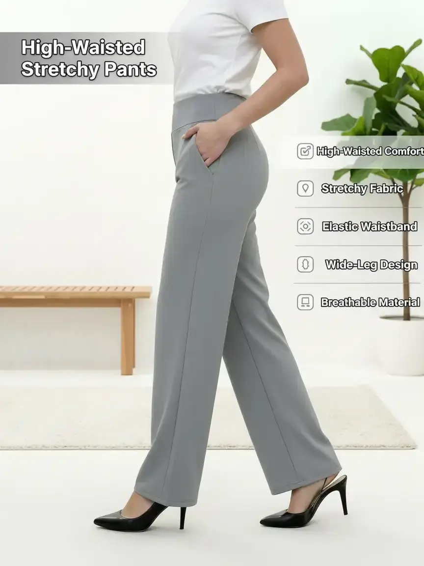 CQQNBV Women's Dress Pants, High-Waisted Stretchy Wide-Leg Trousers with Pockets, Pull-On Casual Work Style, Petite/Regular/Tall, Bottom, Breathable, Minimalist