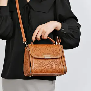 Ladies' Elegant Flower Embossed Handbag - Brown/Red/Black
