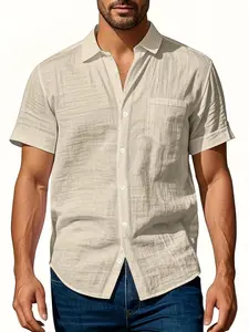 Men's Summer Casual Linen Shirt, Short Sleeve Button-Down Blouse, Plain Breathable Lightweight Shirt for Vacation Beach Tropical Daily Wear