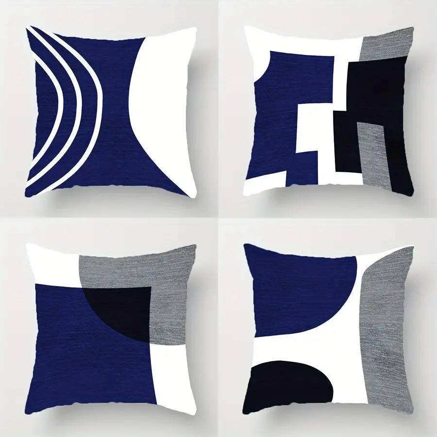 4pcs-Blue Themed Throw Pillow Covers, Home Textile, Navy Blue Black Grey Bohemian Style, Abstract Geometry Modern Pillowcase, Home Décor Products, Suitable Living Room, Bedroom, Sofa and Bed, 2D Flat, Single Sided Printing, No Pillow Core