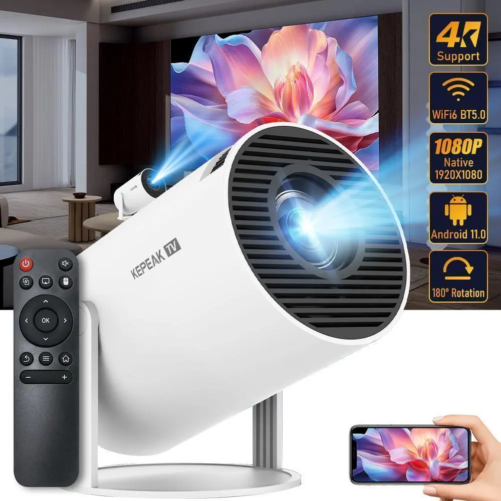 KEPEAK 4K Mini Portable Projector, 200 ANSI Lumens, Auto Keystone, 2.4/5G Wireless WiFi Connection, BT 5.0, Speaker, Remote Control, Android System, 130-Inch Screen & 180° Flip, Valentine’s Day Gift Option