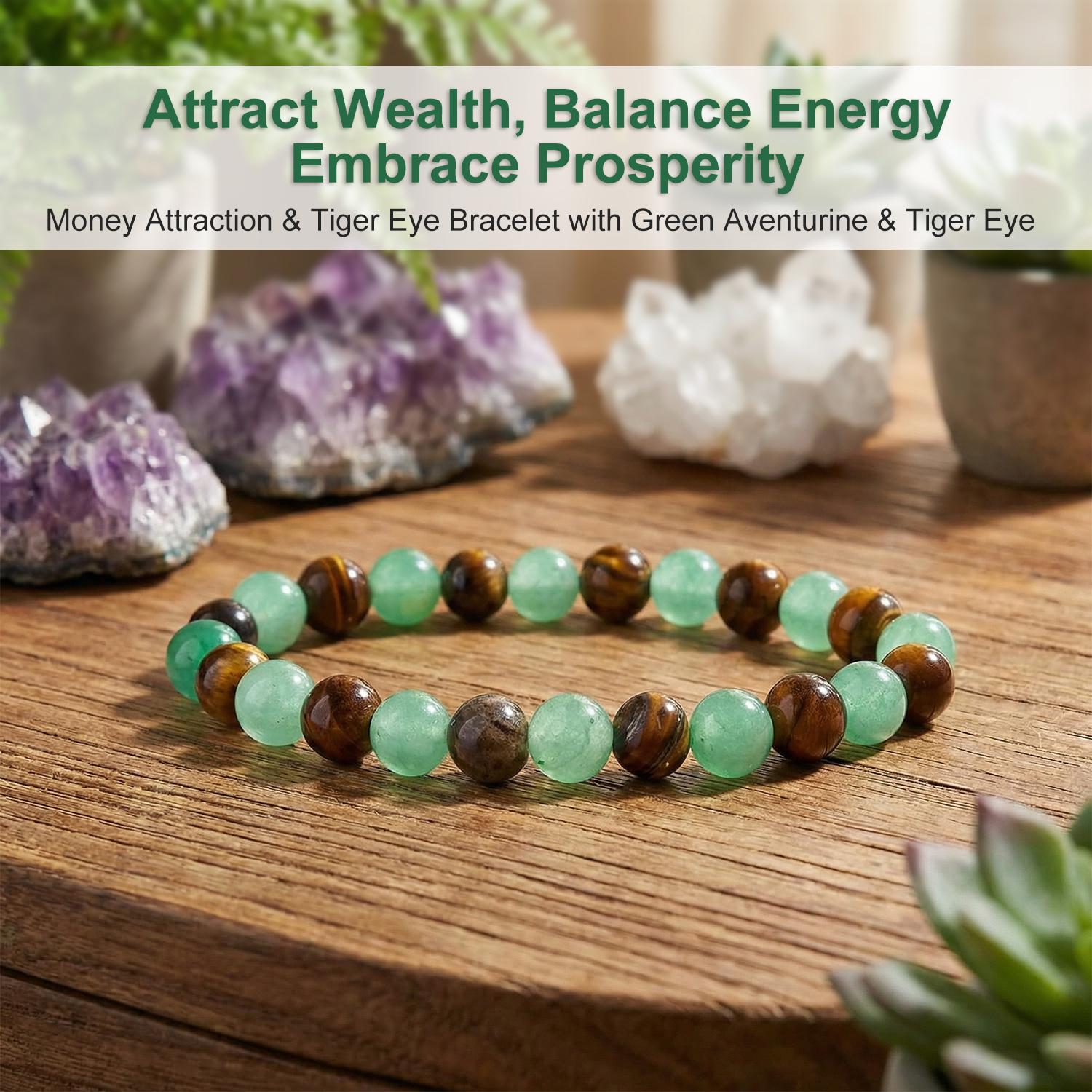1PC Arpurraina Money Attraction Bracelet – Green Aventurine & Tiger Eye Crystal Beaded Bracelet | Blue Colorblock Friendship Protection Jewelry Gift for Encouragement