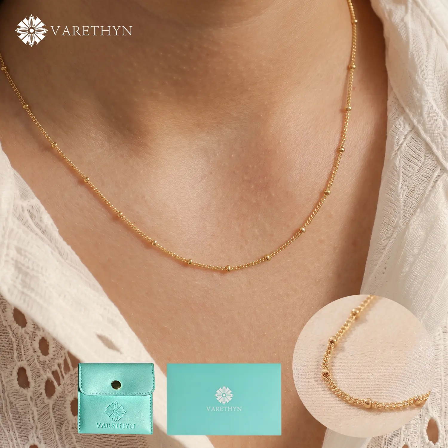 Minimalist Flat Bead Necklace | 14K Gold Plated Sideways Layering Jewelry for Women