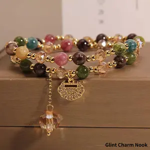 Double-ring colored tourmaline bracelet for women, light luxury niche high-end micro-inlaid longevity lock bracelet, jewelry gift