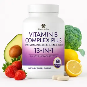 Hevola 13-in-1 Vitamin B Complex Plus with Vitamin B1, B2, B3 (Niacinamide), B4, B5, B6, B7 (Biotin), B8 (Inositol), B9 (Folate), B12, C, D3, K2 - Energy, Nerve, Immune, Skin Support - 60 Vegan Capsules