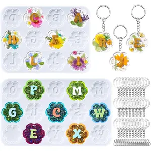 Keychain Resin Silicone Molds with Hole, 27 Cavities Flower Alphabet UV Resin Jewelry Pendant Molds Kit for Beginner, Letter Epoxy Resin Molds for Keychain Pendant Jewelry Making