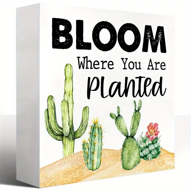 Cactus Motivational Quotes Sign Classroom Shelves Decor, Bloom Where You Are Planted Wood Box Sign, Positive Inspirational Quote Wooden Signs for Bookshelf Desk Decoration 5x5 inch
