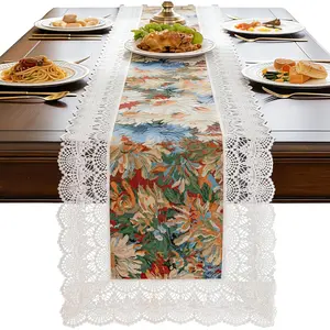 Abstract Dining Decor Elegant Lace Trimmings Table Runner,for Thanksgiving Christmas Decorations  Kitchen Dining Party (Chrysanthemum 13.8X86 Inches)